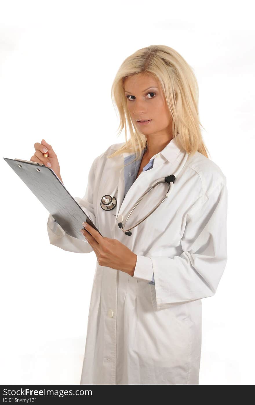 Confident female doctor with stethoscope.Isolated over white.