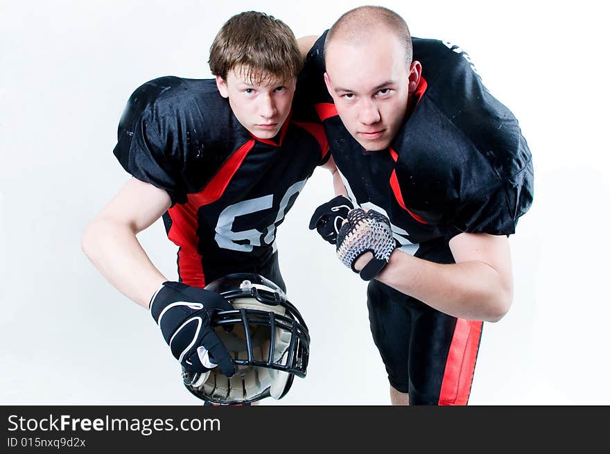 Two friendly American football players. Two friendly American football players