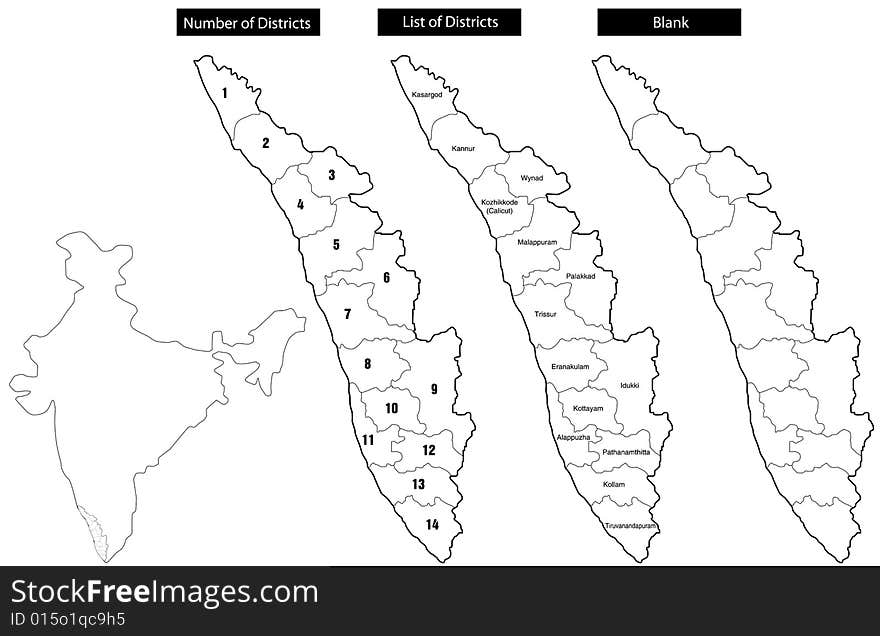 An useful map of Kerala state, India, with district numbers, district borders and district names. An useful map of Kerala state, India, with district numbers, district borders and district names.