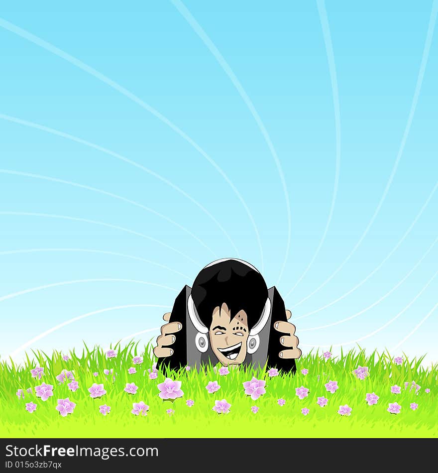 Vector illustration of a smiling deejay young boy listening to music in a beautiful pink flowers meadow. Vector illustration of a smiling deejay young boy listening to music in a beautiful pink flowers meadow.