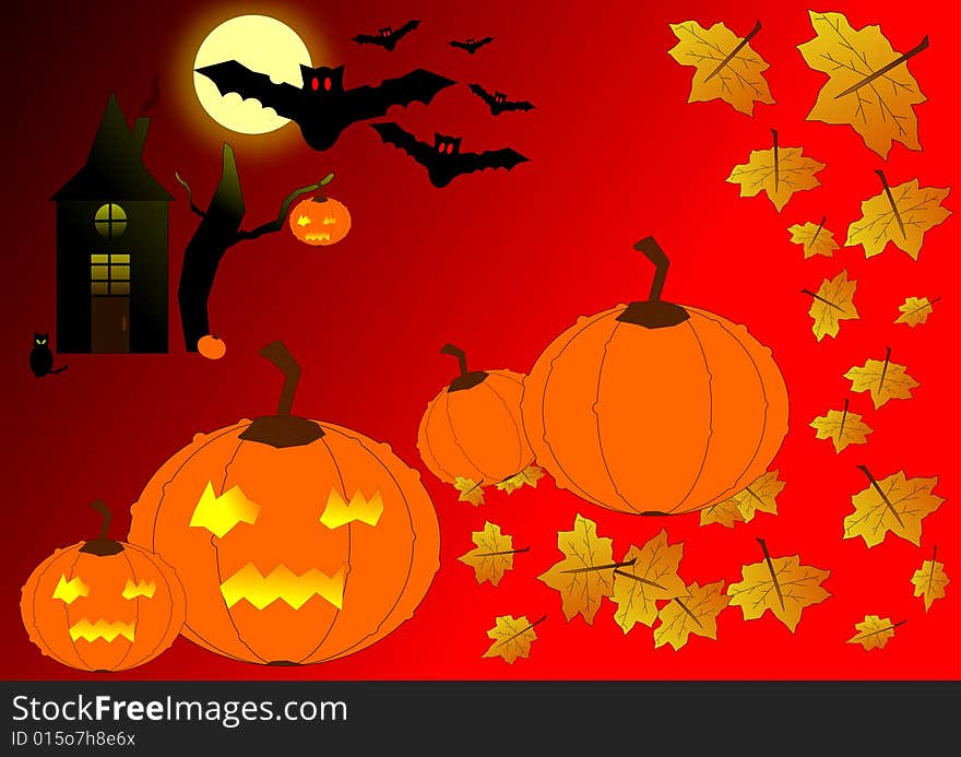 Autumn leaves with Halloween pumpkins, bats, cat, house with fool moon and bare tree