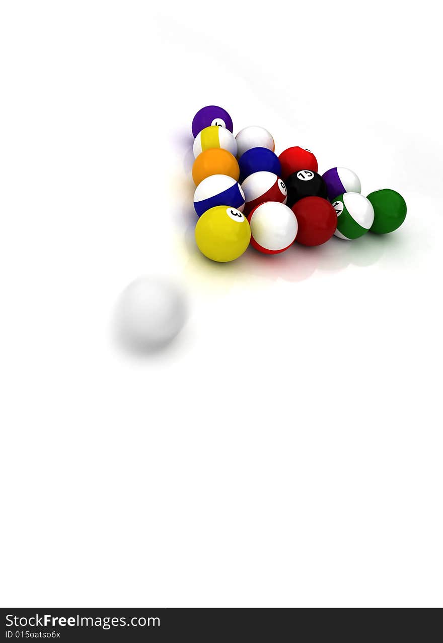 A group of pool balls and moving cue ball isolated on a white background