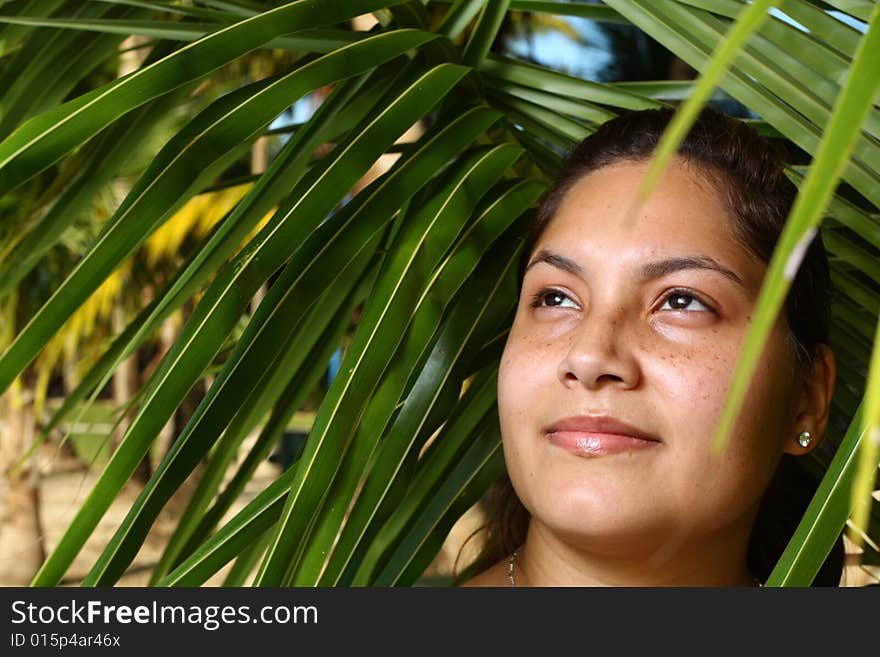 Young woman posing among a palm frond. Young woman posing among a palm frond