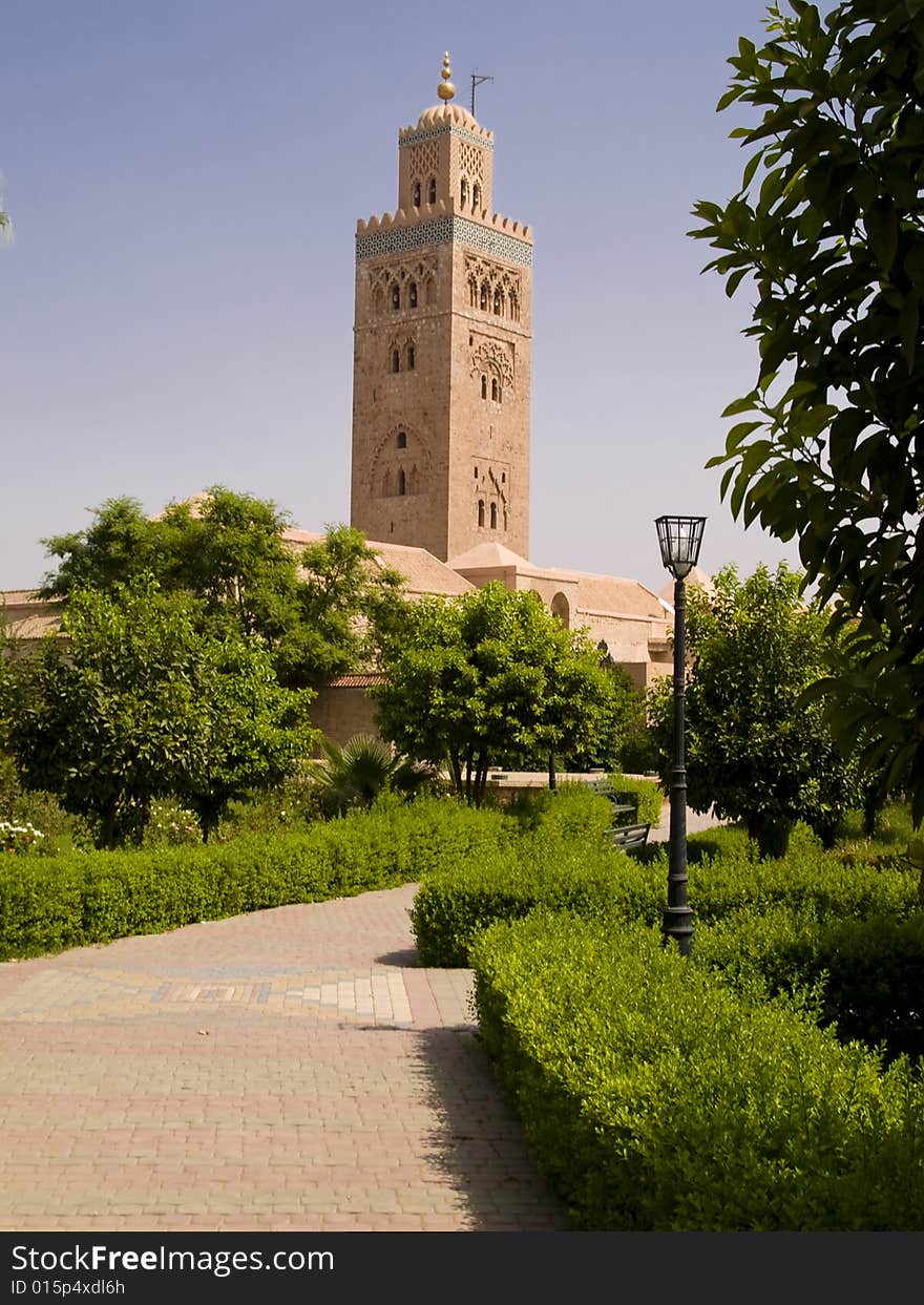 Mosque Koutoubia Marocco Marrakesh, sunny day blue sky