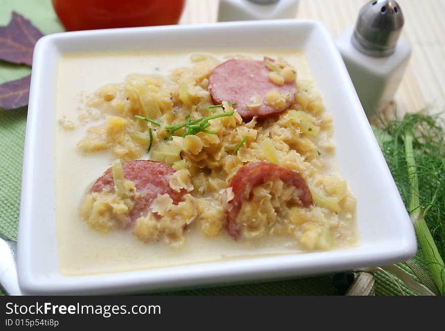 A fresh stew of lentils with sausages