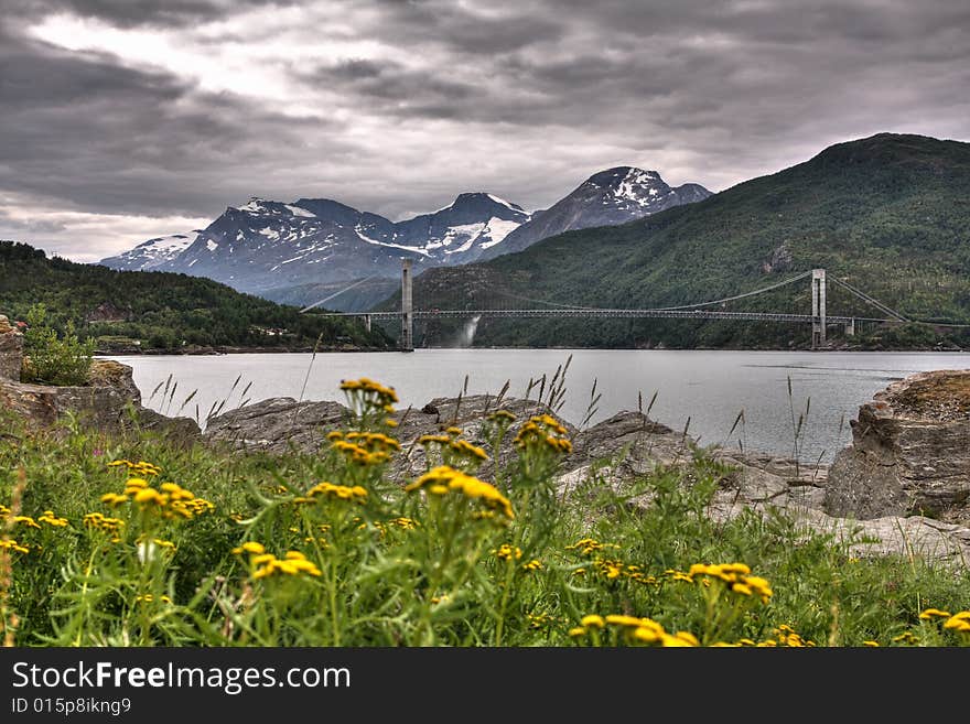 View over bridge and mountains in Norway