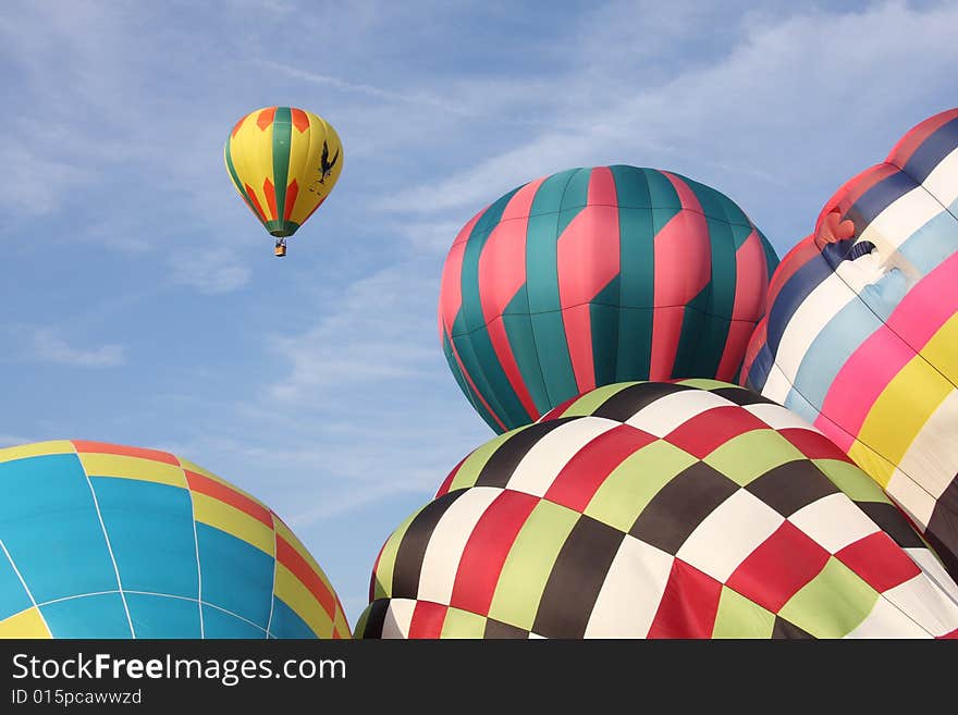 Multi-colored hot air balloons ascending into the clear blue sky