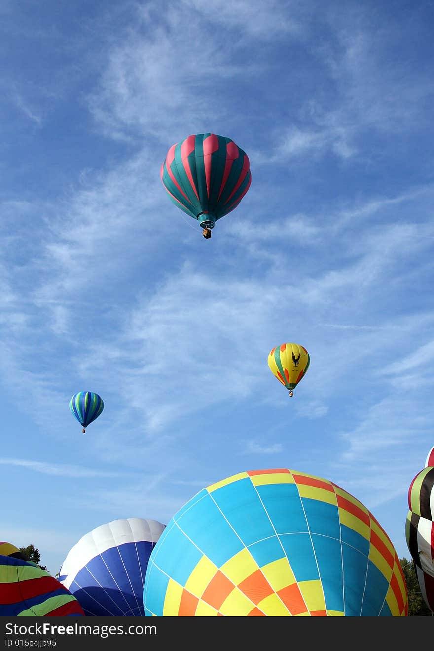 Multi-colored hot air balloons ascending into the clear blue sky