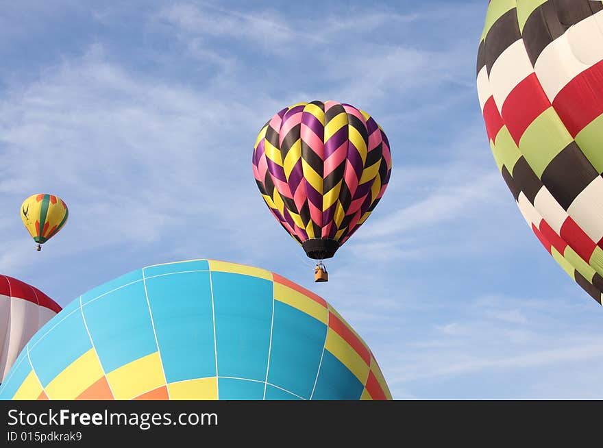 Multi-colored hot air balloons ascending into the clear blue sky