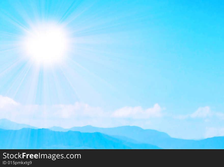 Bright sunbeams illuminate beautiful cloud on blue sky