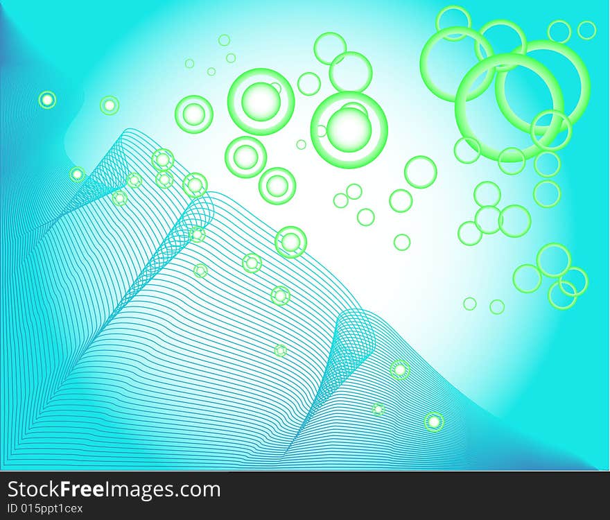 Abstract background. Blue wave and green circles.