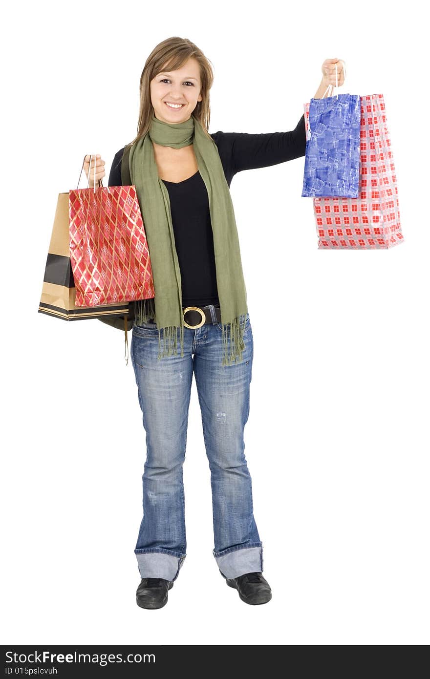 Happy girl holding shopping bags, isolated, on white background