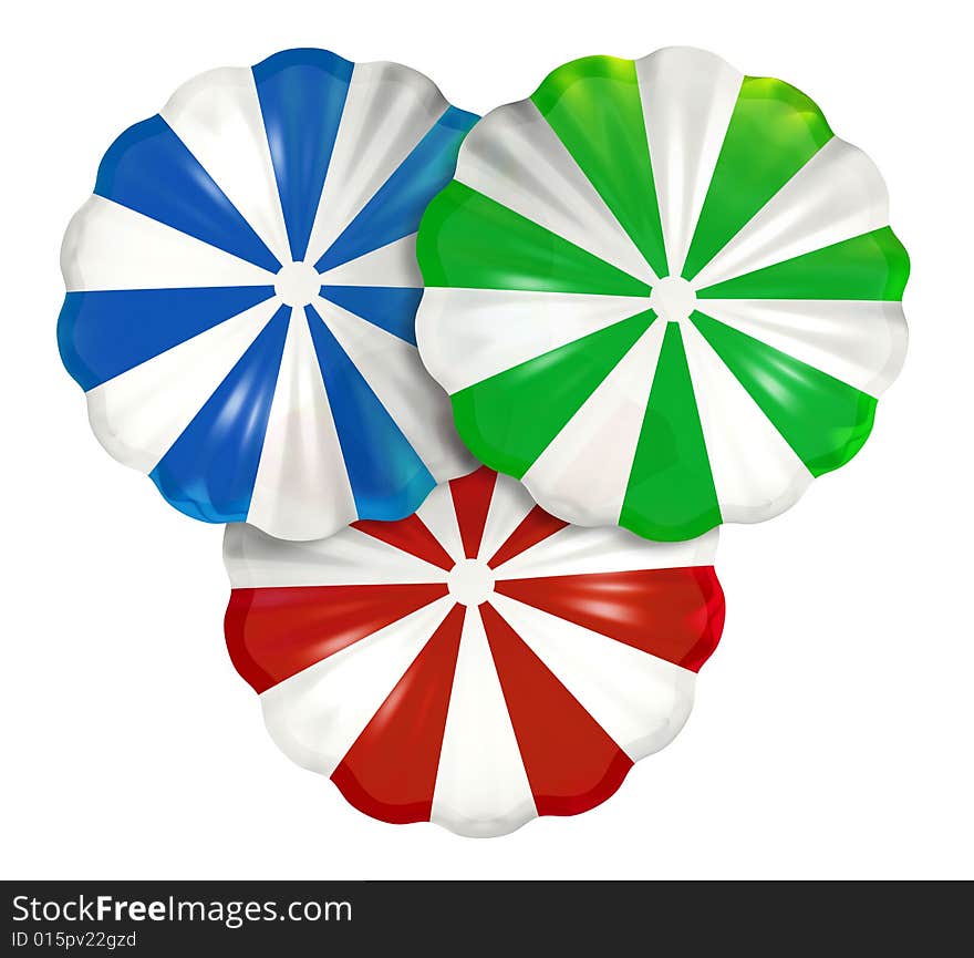 Three opened parachutes- red, green, and blue- isolated on white. Three opened parachutes- red, green, and blue- isolated on white.