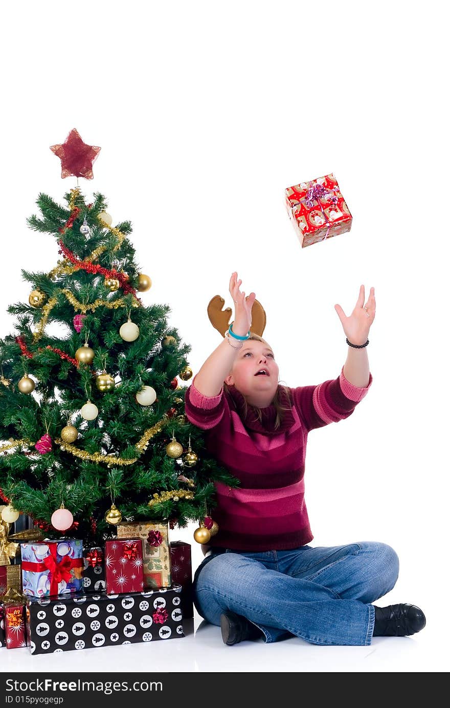 Happy girl catching a present