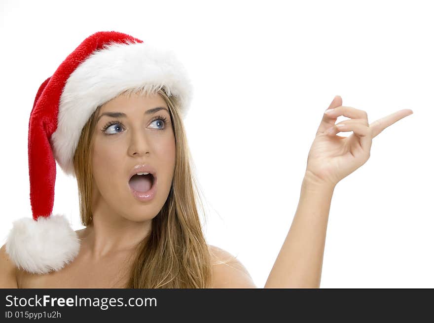 Indicating Lady With Santa Cap