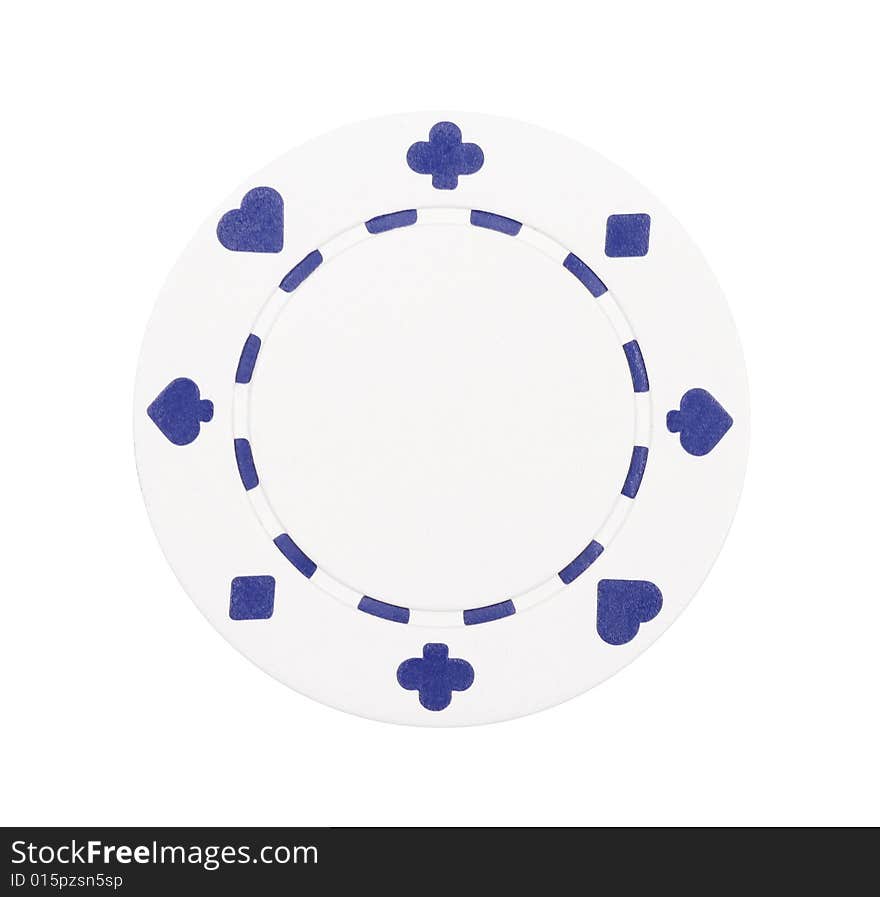 White Casino Chip With Blue Symbols On Plain Background