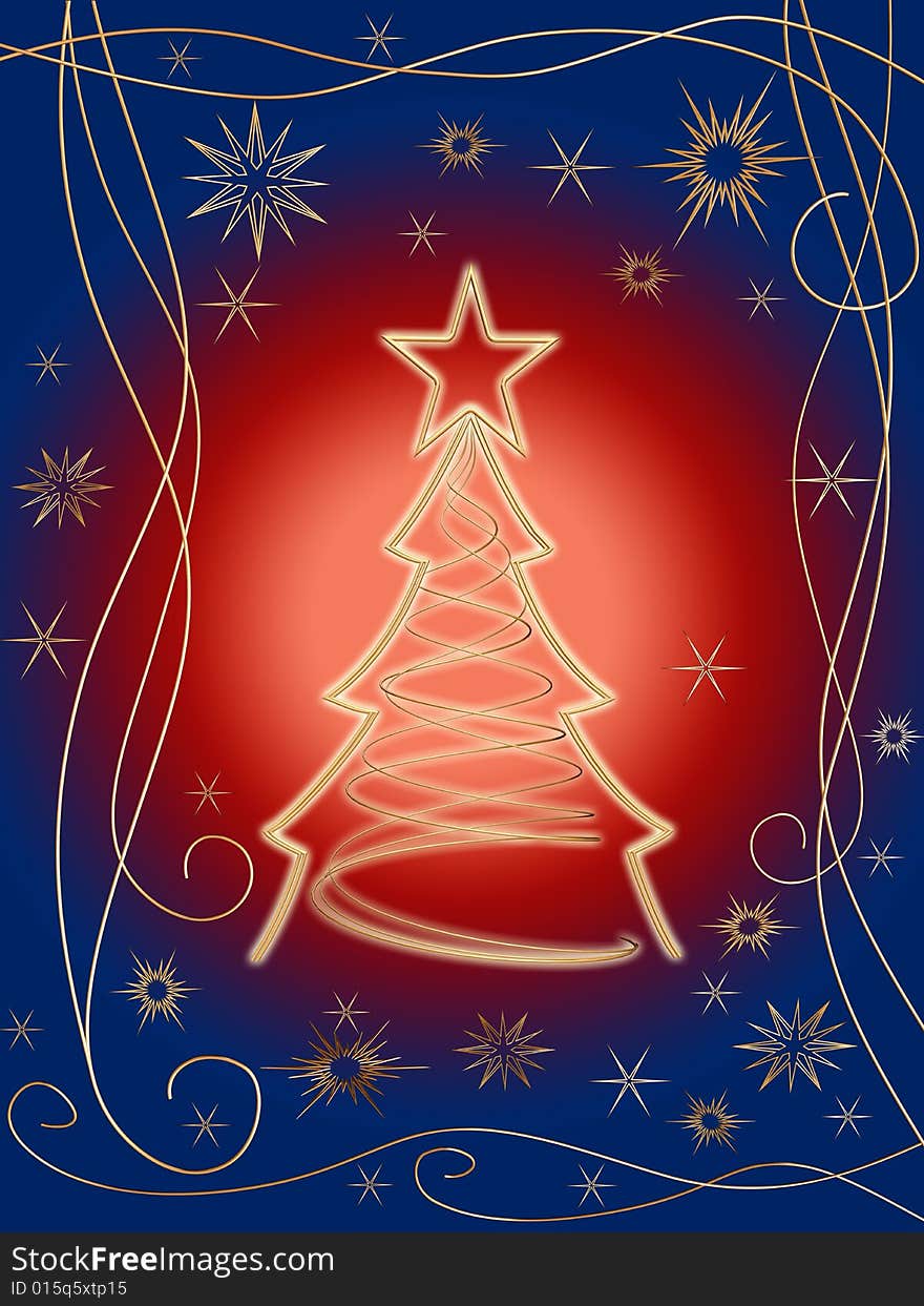 Golden 3d christmas tree with gold stars, snowflakes and ornaments over red blue background. Golden 3d christmas tree with gold stars, snowflakes and ornaments over red blue background