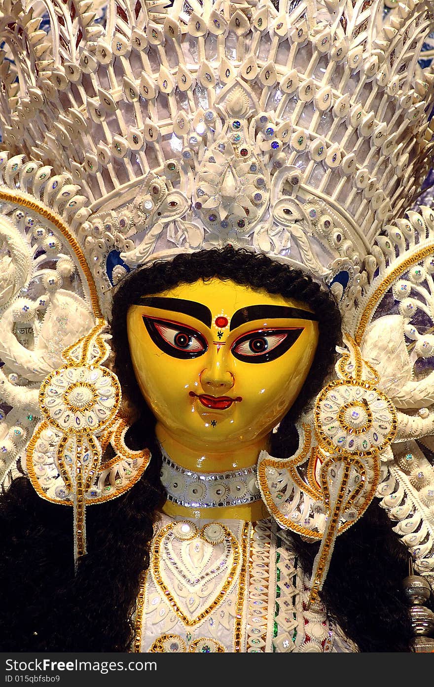 According to the Indian Mythology a decorated clay Sculptures of ten handed goddess Durga during the annual autumnal Durga Puja (worship) festival of India. According to the Indian Mythology a decorated clay Sculptures of ten handed goddess Durga during the annual autumnal Durga Puja (worship) festival of India.