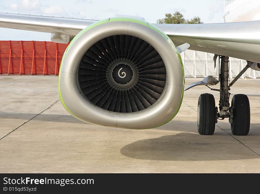 The turbine of the jet airplane. Close-up.