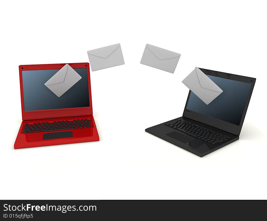 Two laptops and letters on white background. Two laptops and letters on white background