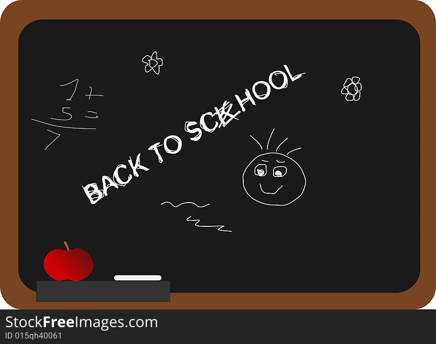 Blackboard with misspelled 'back to school' message, red apple, and other scribbles