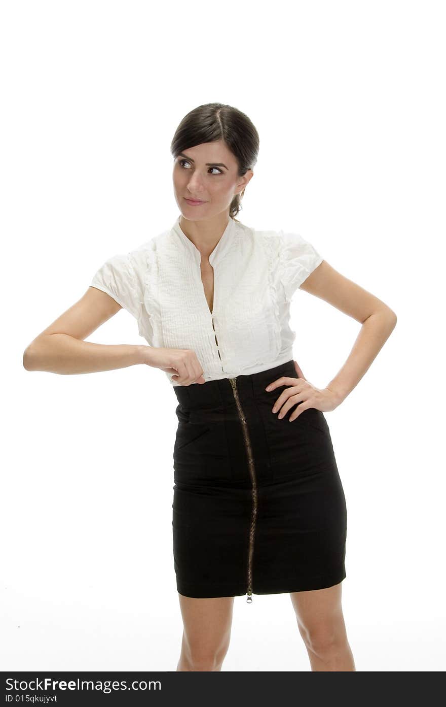 Young lady showing offering gesture against white background