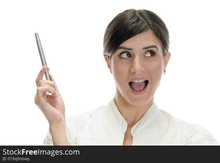 Posing lady with pen against white background