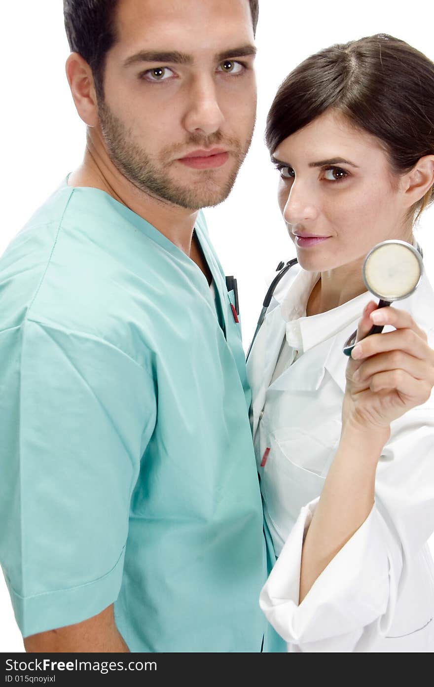 Nurse standing with patient showing stethoscope with white background