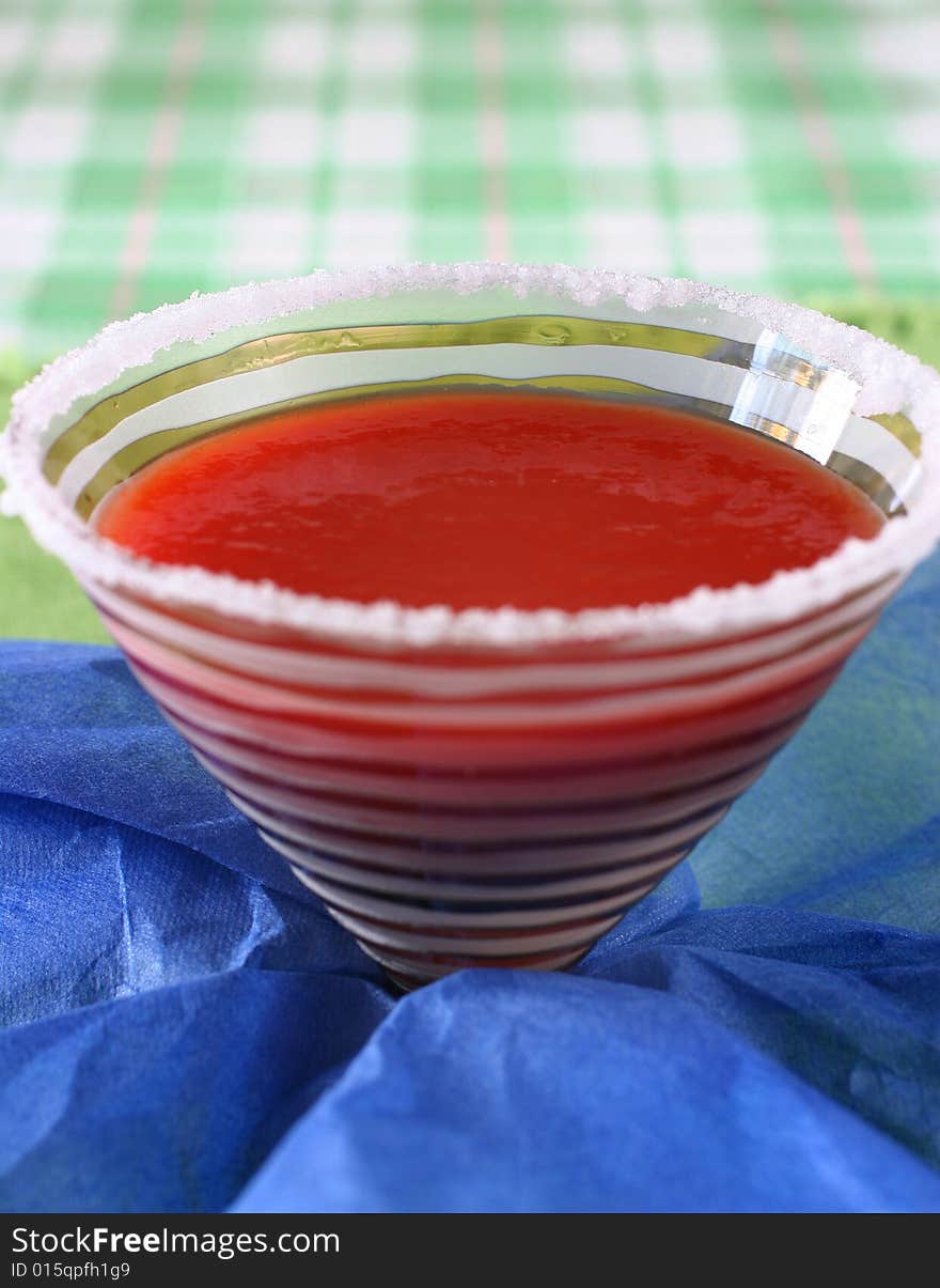 Salted rim of mock Bloody Mary in cocktail glass