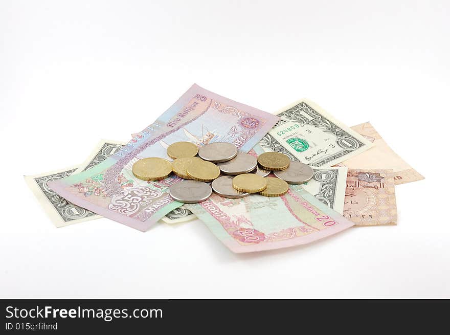 Money from different countries on a white background