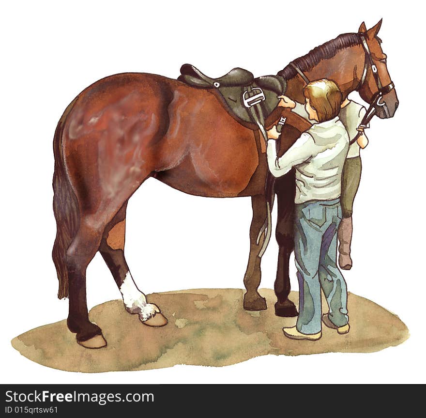 Watercolor illustration of a groom preparing her horse to ride. Watercolor illustration of a groom preparing her horse to ride