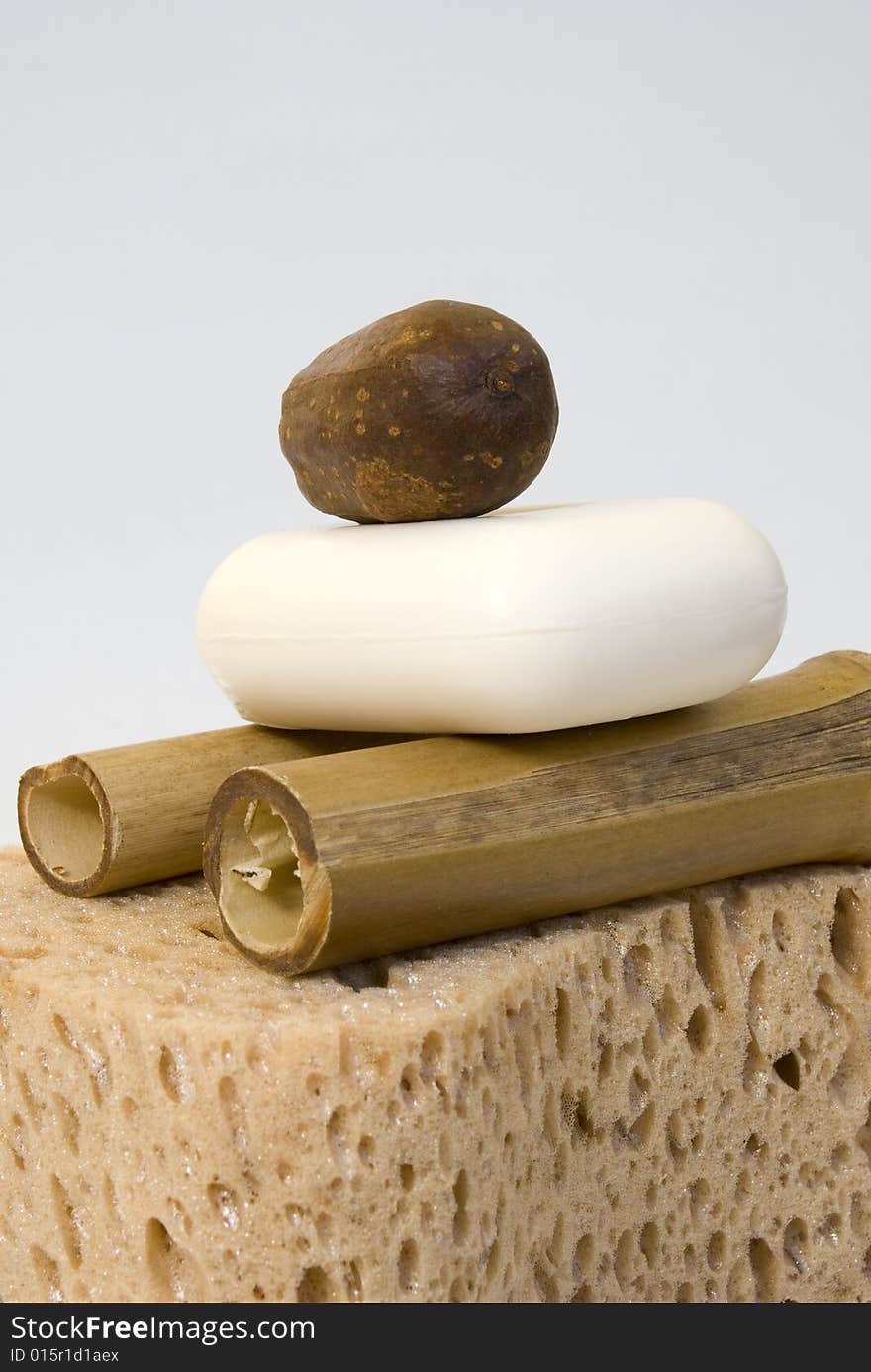 Balance with soaps, bamboo and sponge. Balance with soaps, bamboo and sponge