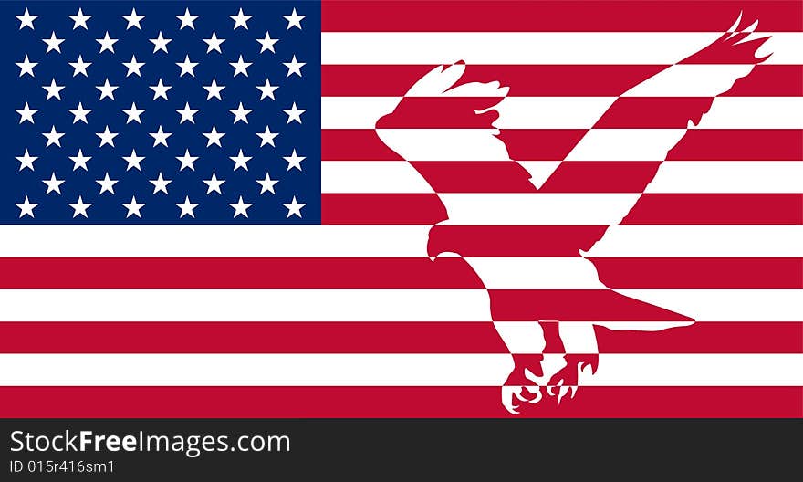 A silhouette of an eagle on the background of striped American flag.