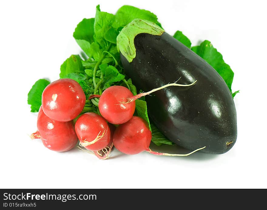 Red Radish and aubergine isolated on white. Red Radish and aubergine isolated on white