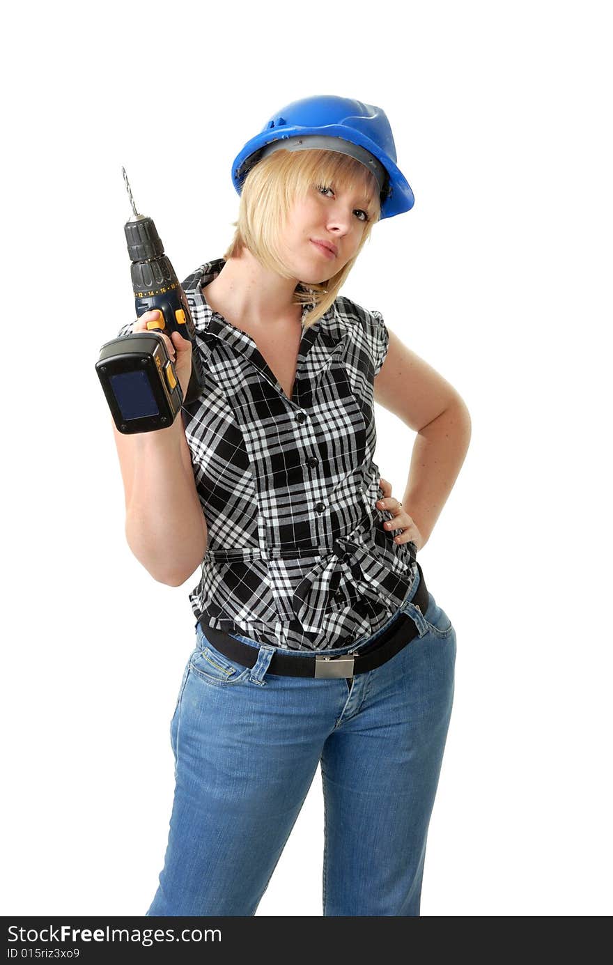 Cute girl wearing blue safety helmet and holding power tool. Cute girl wearing blue safety helmet and holding power tool