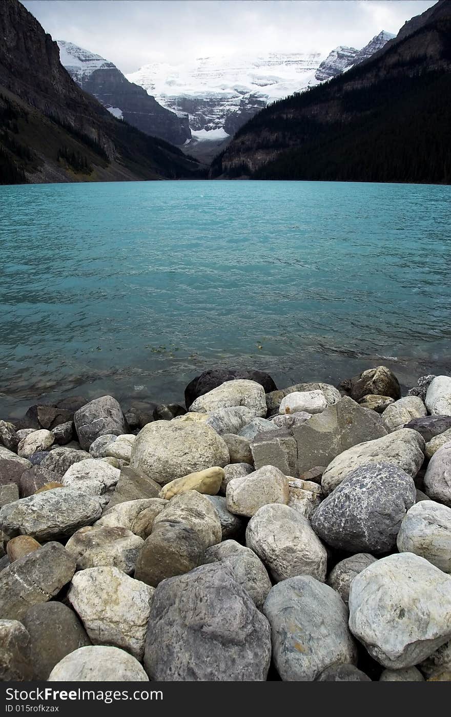 Lake Louise, Alberta, Banff National Park, Canada, with winter storm approaching.