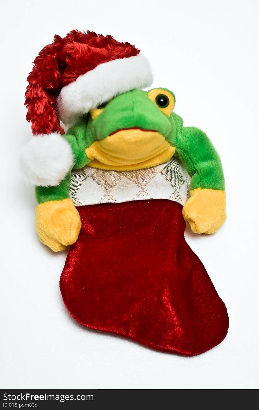 Stuffed frog toy wearing a santa hat while in a little red stocking. Stuffed frog toy wearing a santa hat while in a little red stocking.