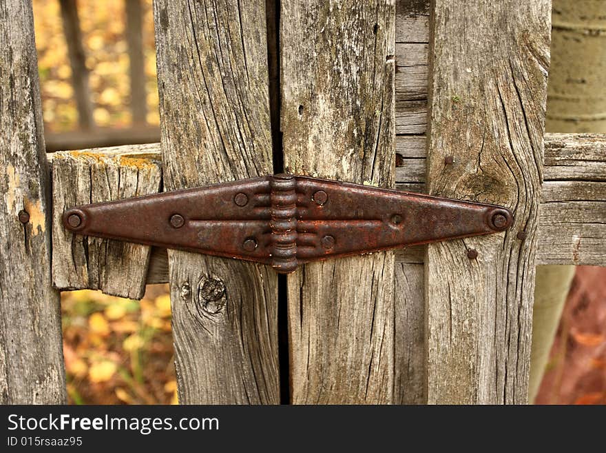 Close- up of rusty antique hinge on old cemetary gate