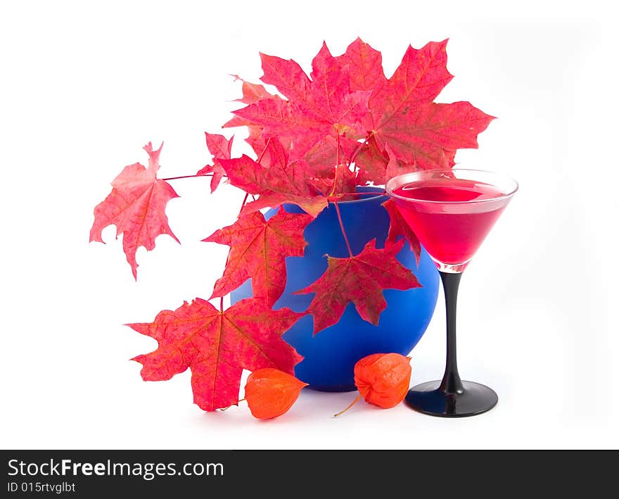 Dark blue vase and beautiful red maple leaves with wine on  white background