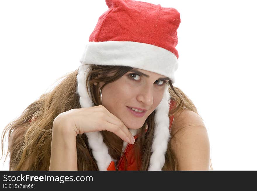 Smart woman with santa cap with white background