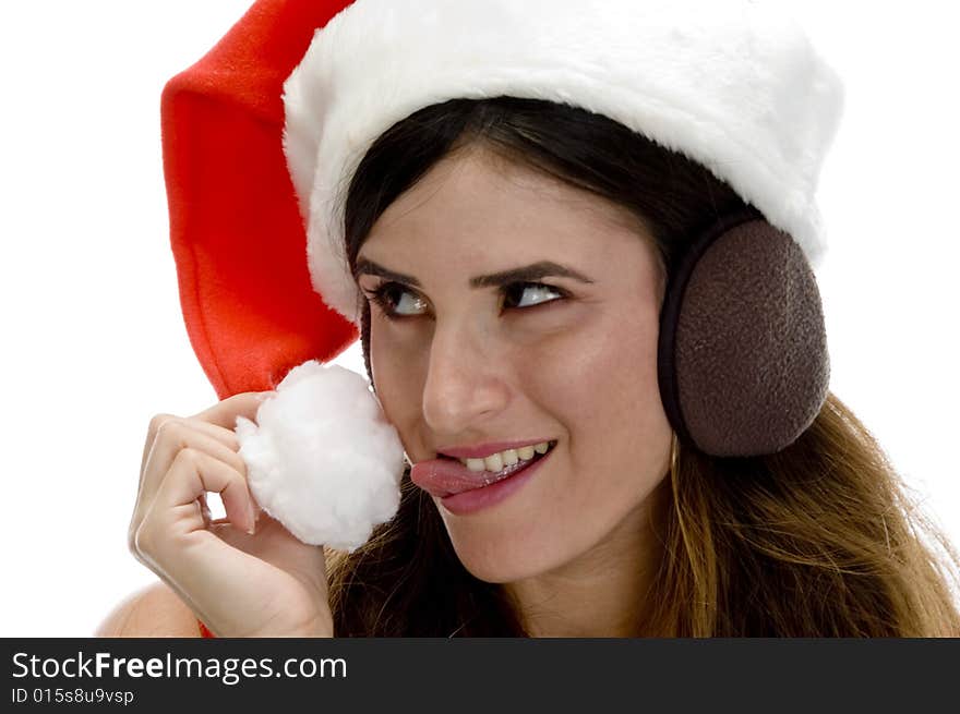 Smart lady looking askance against white background