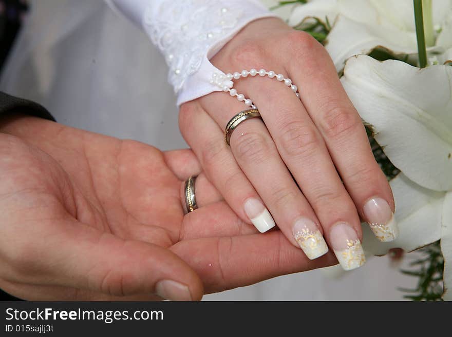 Two palms together. It is man's and female palms. There are wedding rings on their fingers.