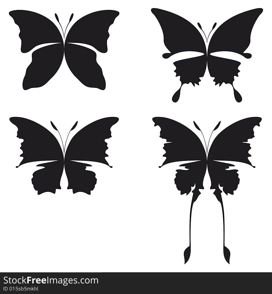 Four illustration of buttefly silhouette black on white. Four illustration of buttefly silhouette black on white