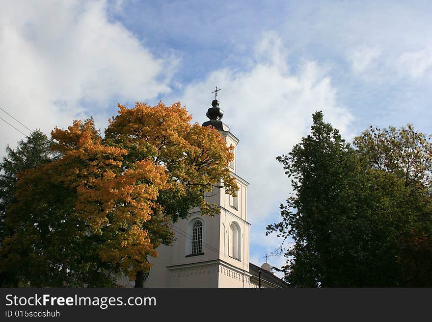 View to church in Lithianian small town