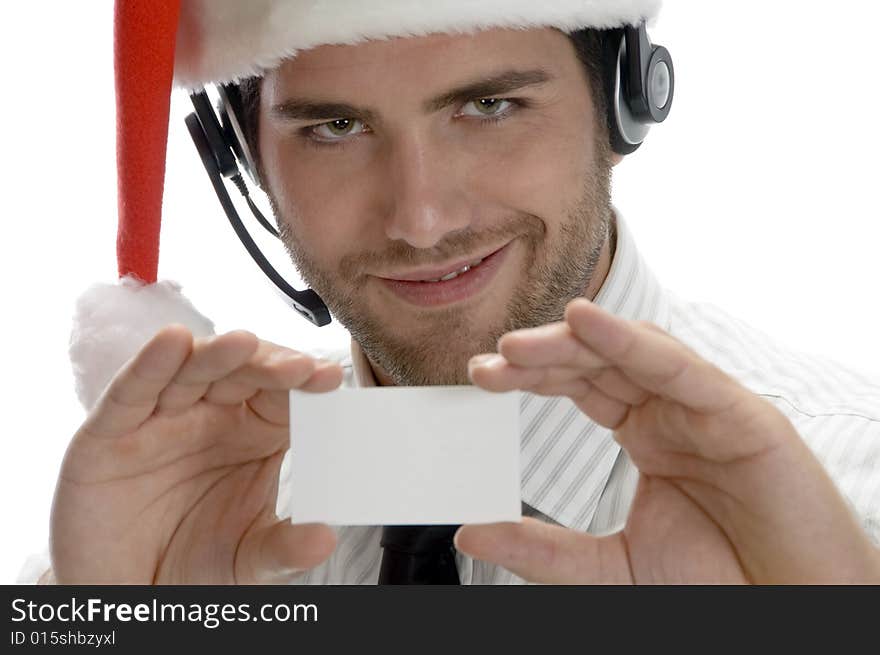 Santa man showing his visiting card with white background