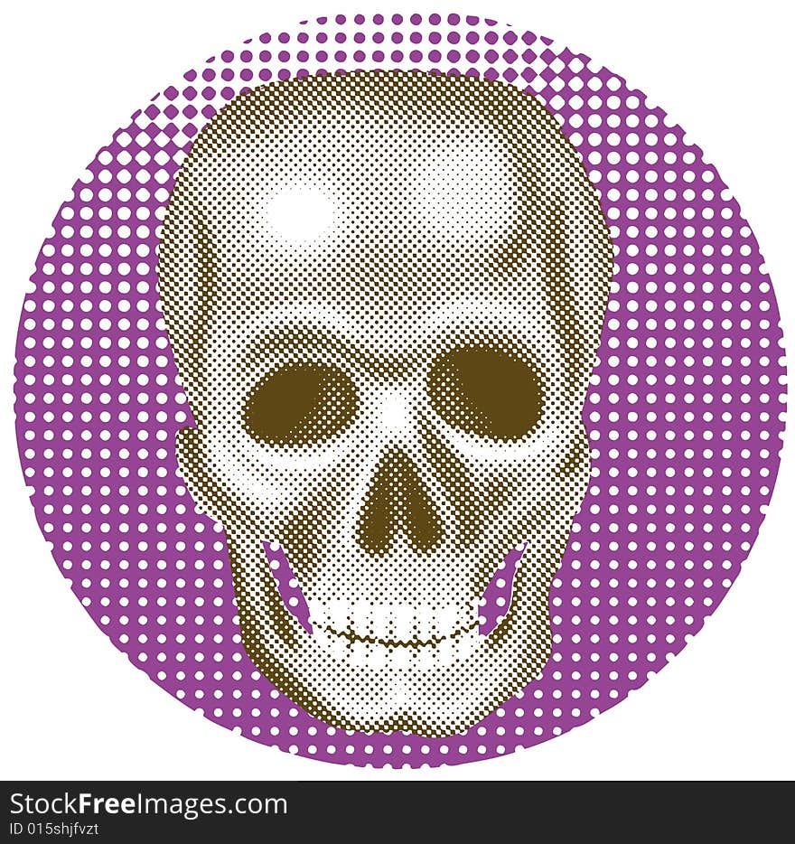 Illustration of a skull with halftone dots and isolated on white background