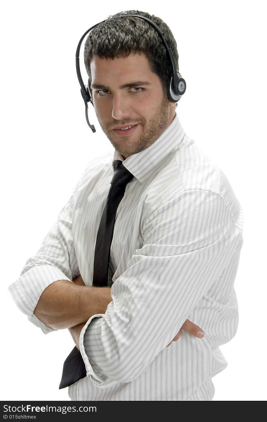 Happy successful professional man with headset on an isolated white background