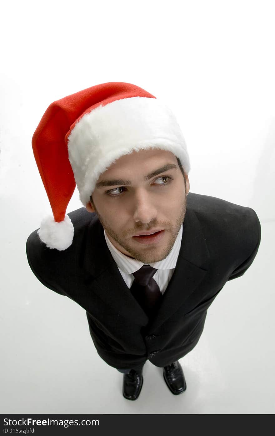 Top View Pose Young Businessman Wearing Santa Cap