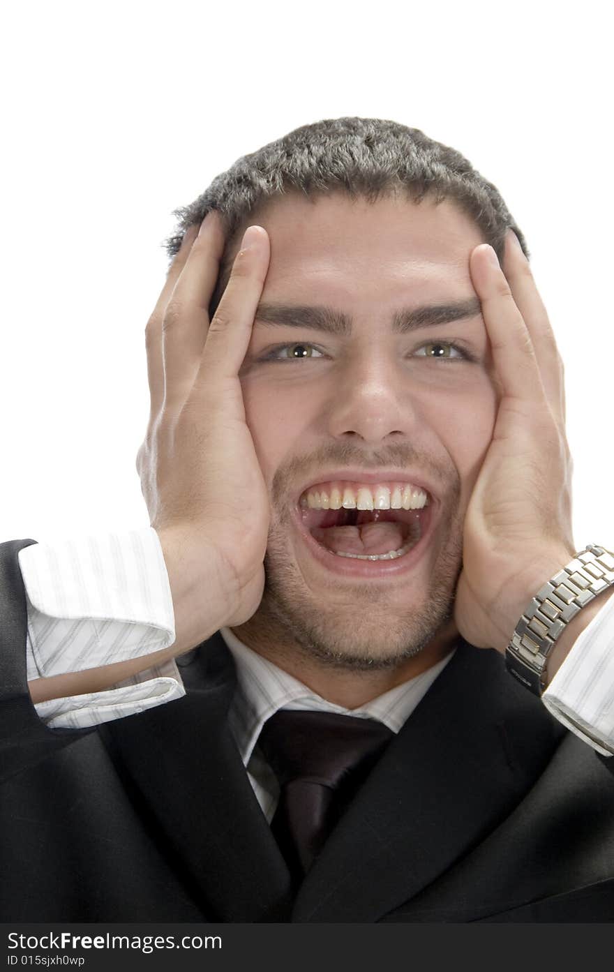 Happy businessman posing against white background