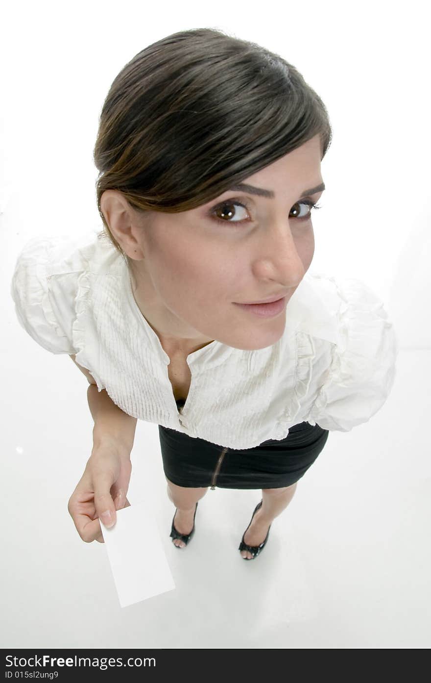 Aerial view of lady with identity card on an isolated background